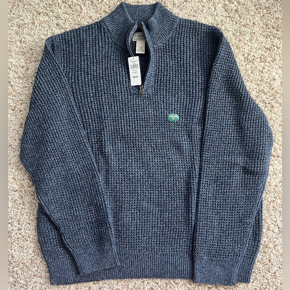 NWT Men’s LL Bean Organic Cotton Waffle Sweater 1/4 Zip - XL - Vintage Indigo